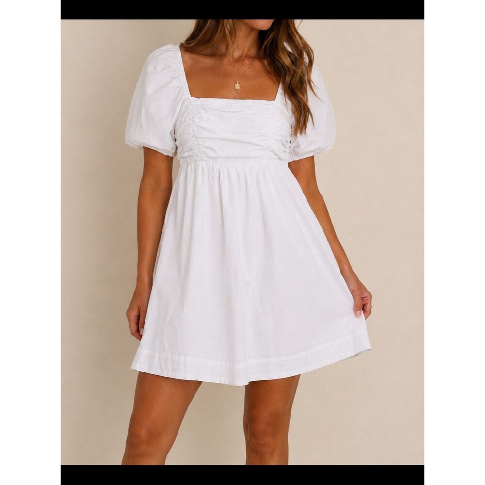 Free Assembly White Puff Sleeve Mini Dress Women's Sz Sm Cottagecore Babydoll